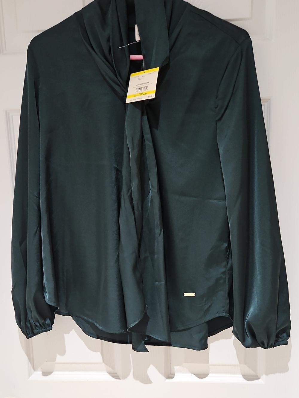 Anne Klein Deep Emerald Satin Tie-Neck Blouse